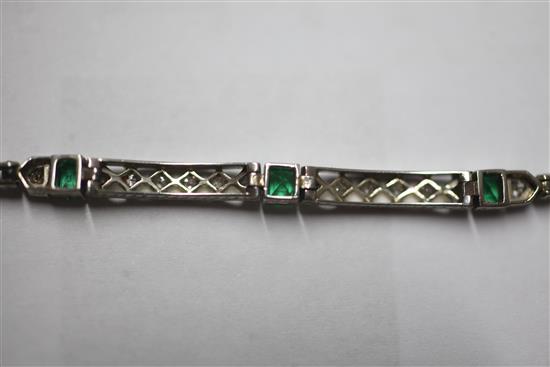 A 1920s 18ct white gold and platinum, emerald and diamond bracelet, in a fitted Asprey, London box.